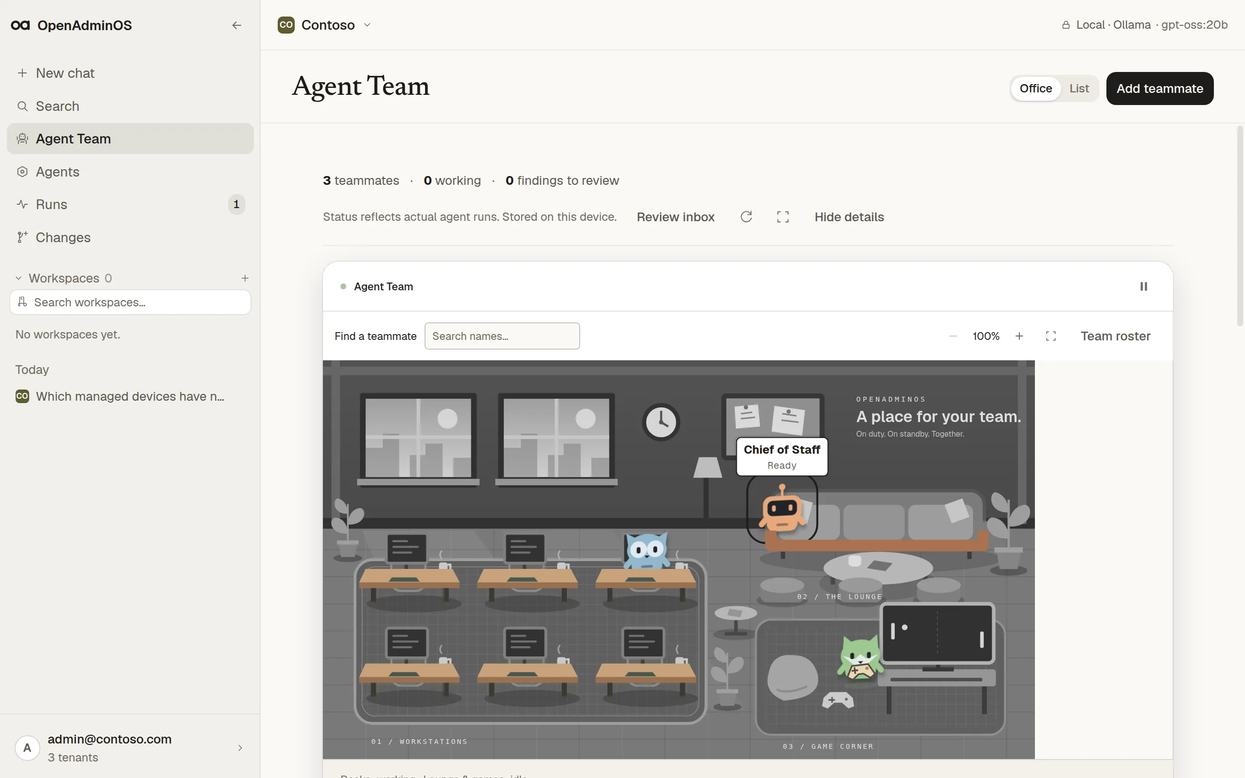 Agent Team page with the office view and assignment history