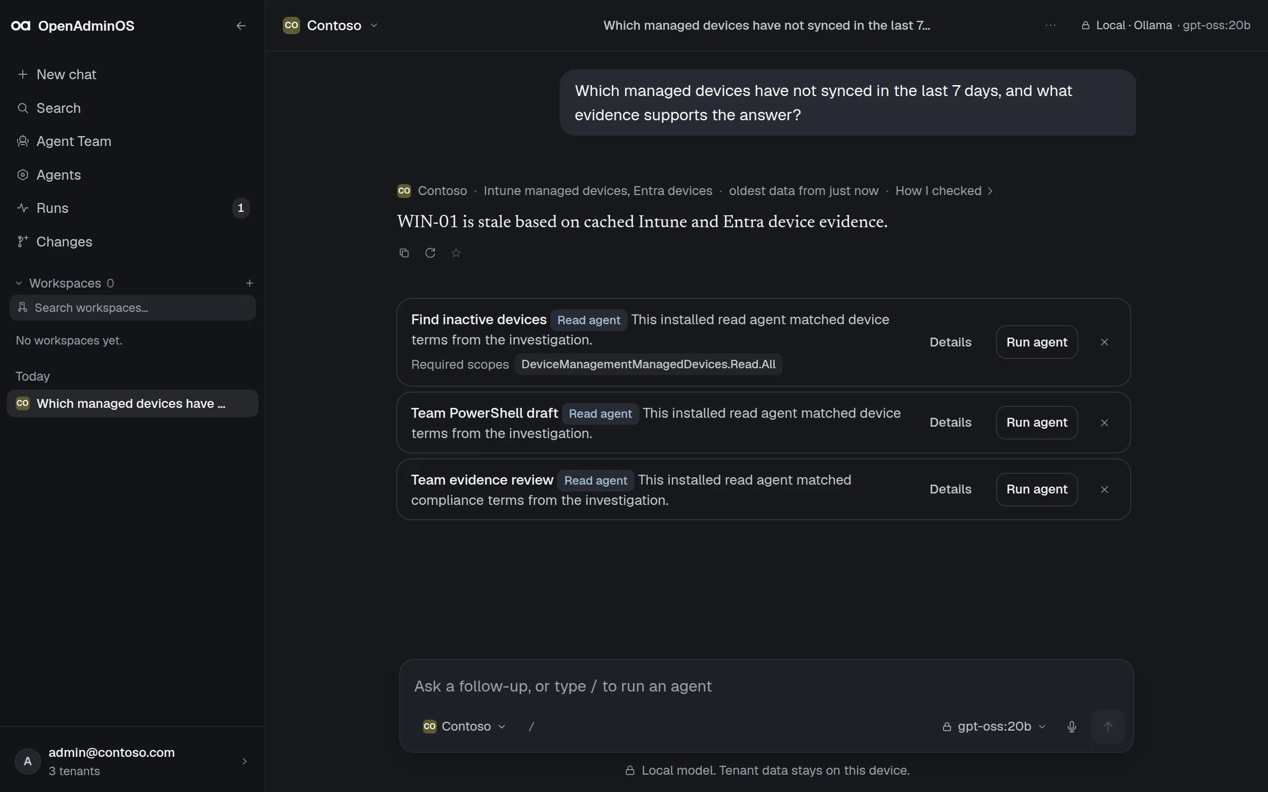 OpenAdminOS Chat answer with tenant scope, data age, and two numbered Microsoft Graph sources