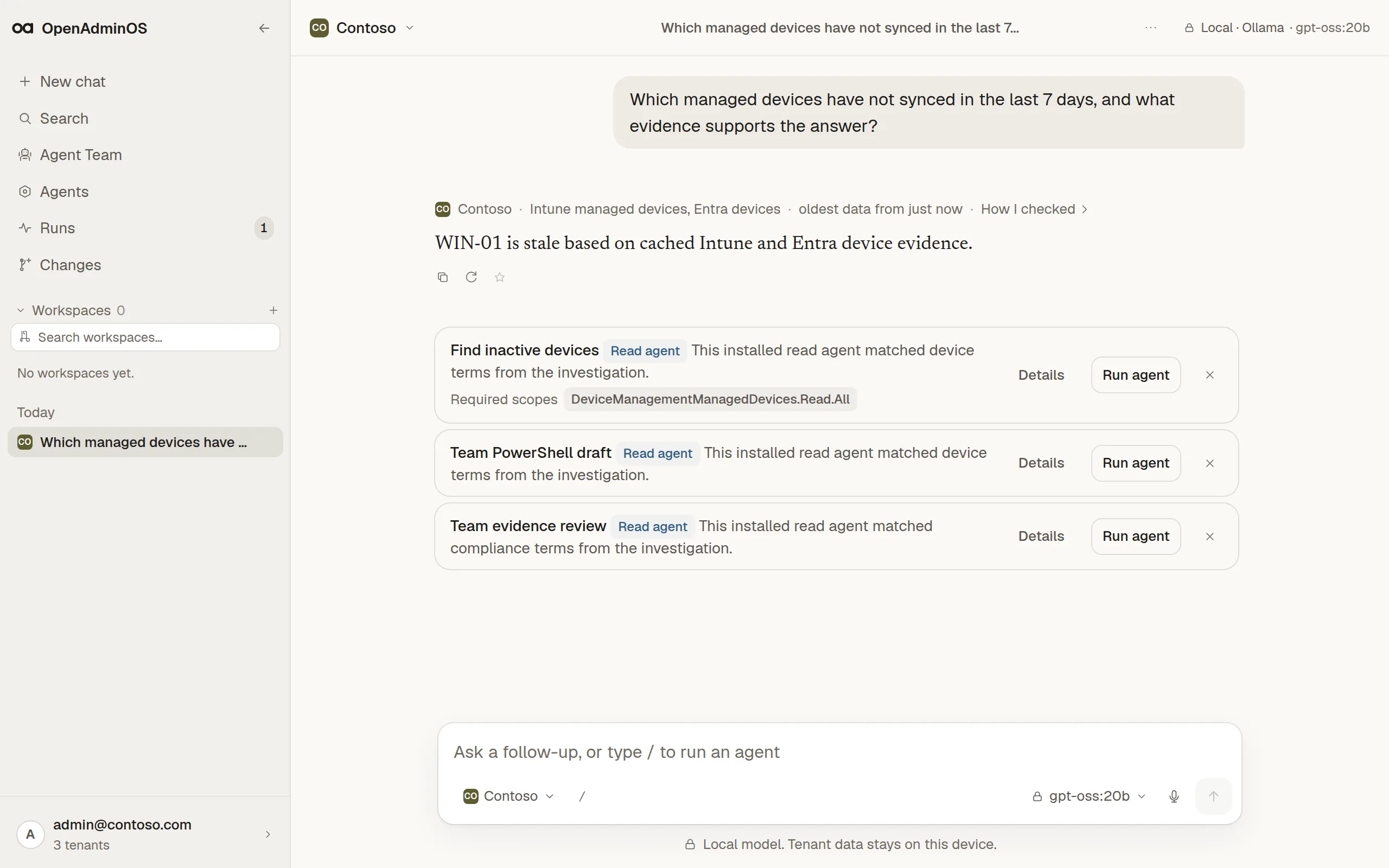 OpenAdminOS Chat answer with tenant scope, data age, and two numbered Microsoft Graph sources