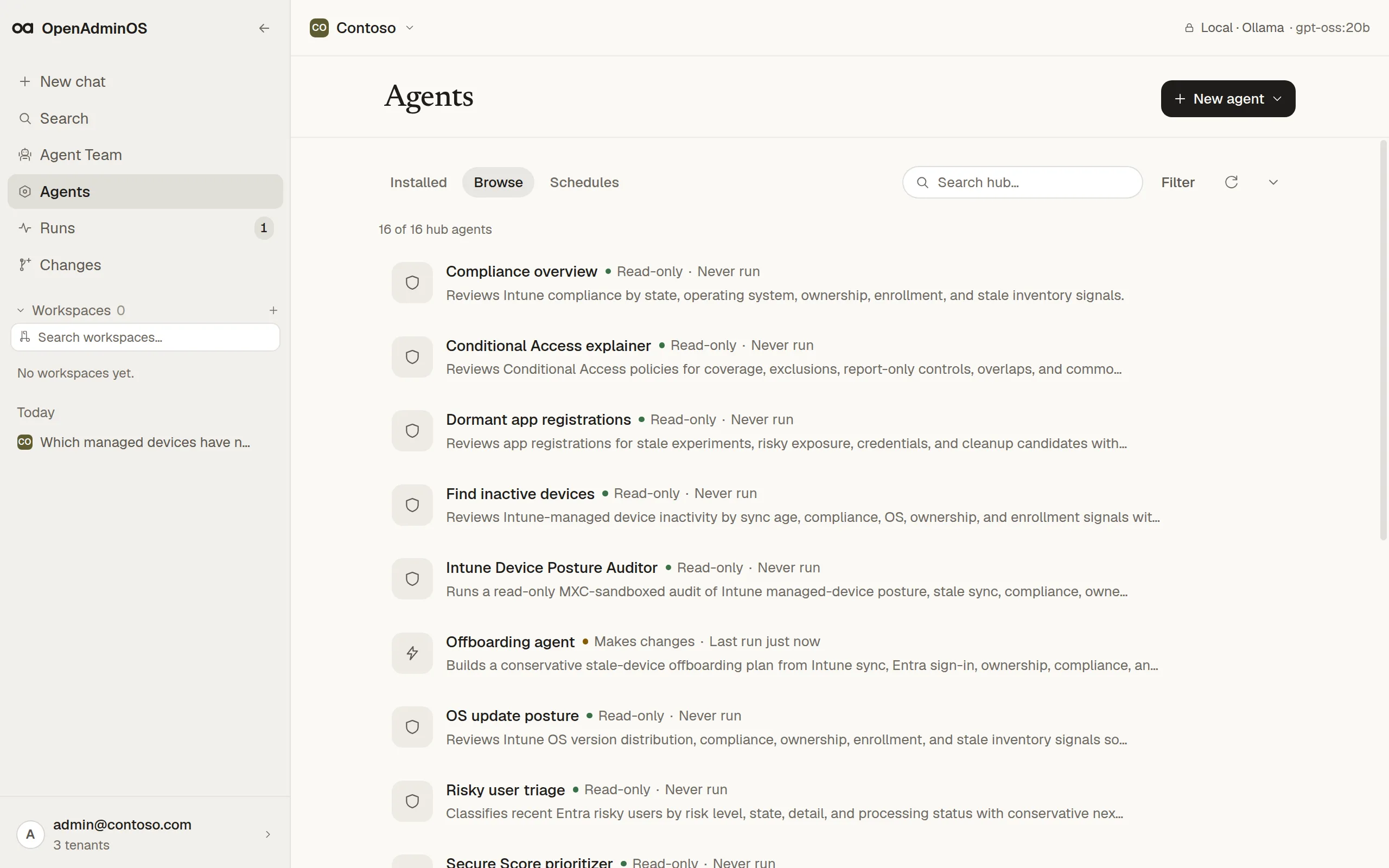 Agents page listing registry agents marked read-only or makes changes