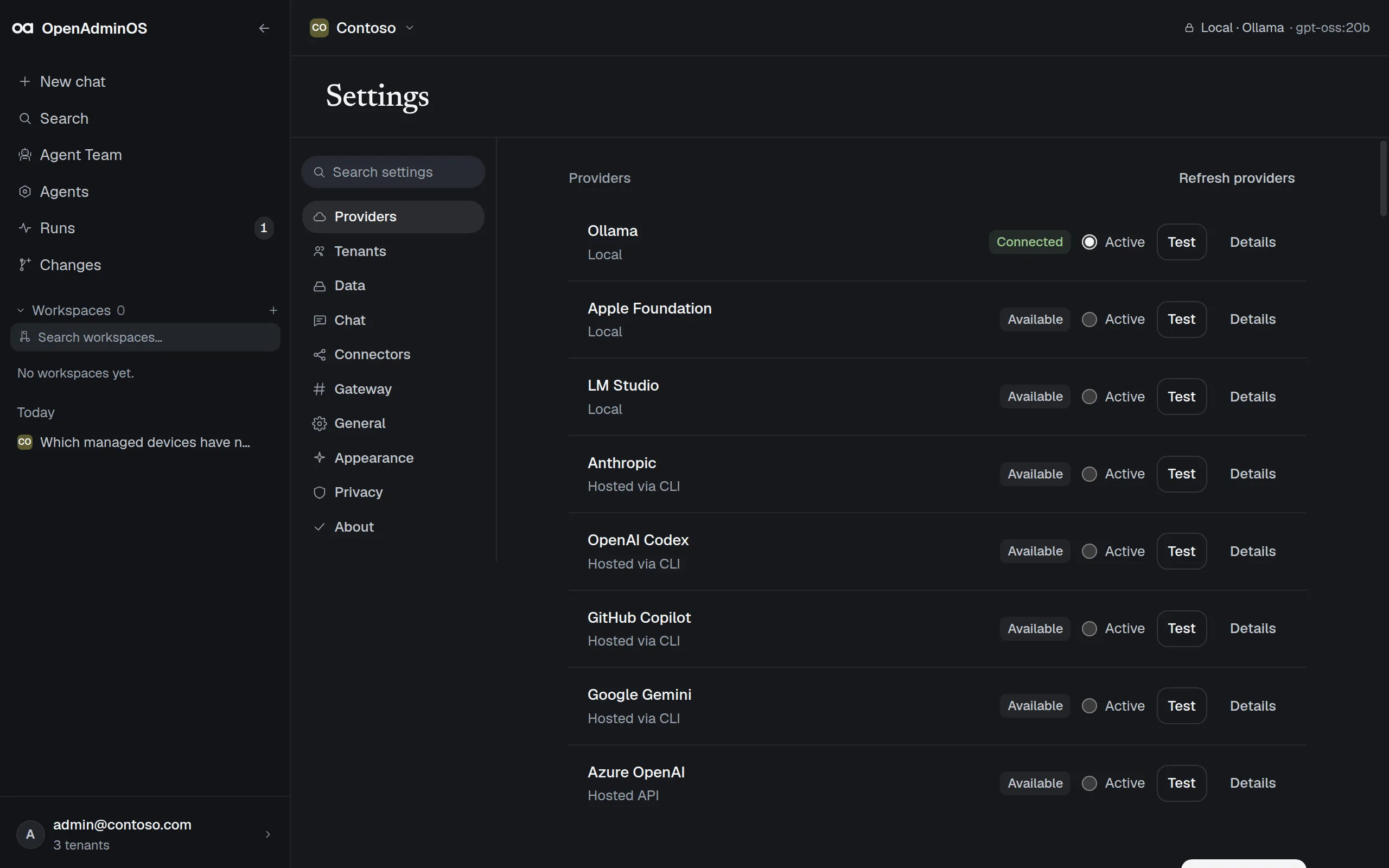 Provider settings with local and hosted model providers
