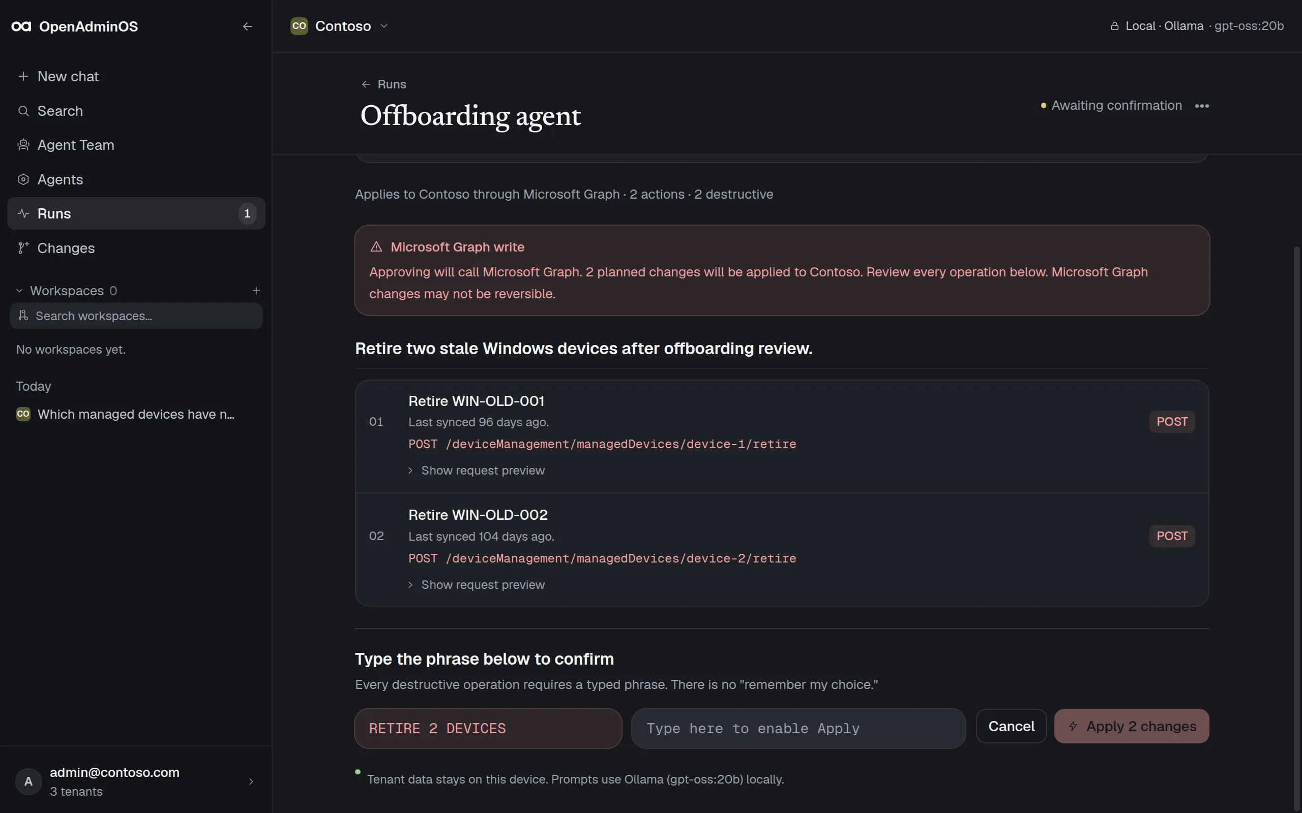 Write confirmation for the Offboarding agent listing two device retirements and a typed phrase field