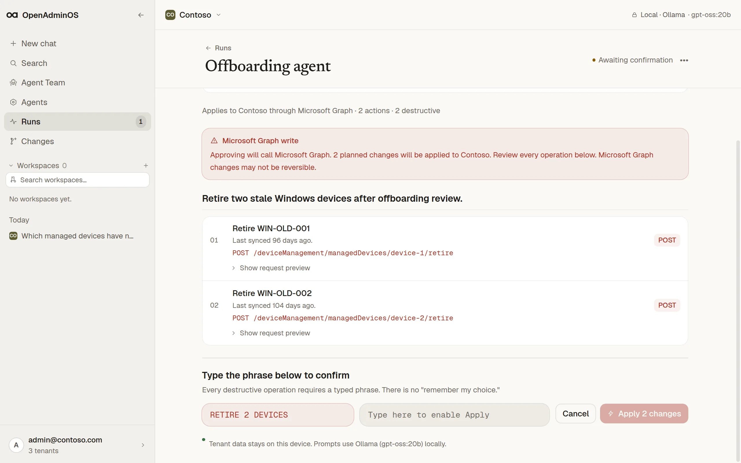 Write confirmation for the Offboarding agent listing two device retirements and a typed phrase field
